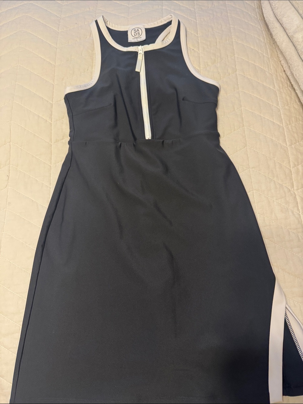 Sage Navy Sleeveless Zip-Front Dress with White Trim